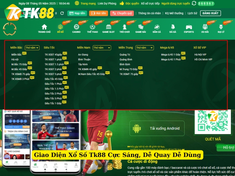 giao diện xổ số tk88 cực sáng, dễ quay dễ dùng
